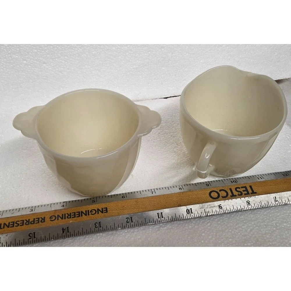 Old 1930's Fire King Glass Swirl Off-White Ivory Antique Cream and Sugar Set - Picture 7 of 11